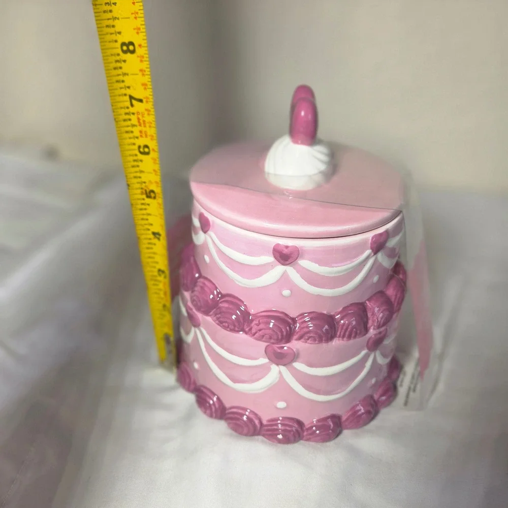 Cerra Pnk Tiered Cake Cookie Jar Heart Finial Vintage Style Ceramic CRCR-1020-PK